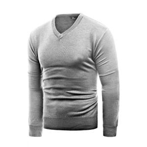 Jednofarebný pánsky sveter sivej farby s véčkovým výstrihom