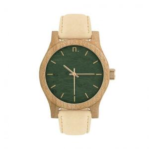 Béžovo-zelené drevené hodinky s koženým remienkom pre dámy