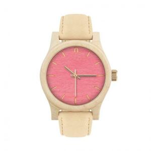 Dámske drevené hodinky s koženým remienkom v béžovo-ružovej farbe