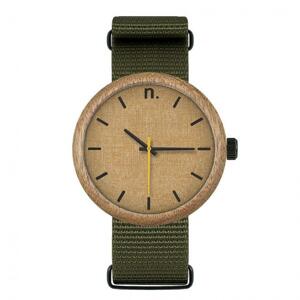 Drevené pánske hodinky zeleno-béžovej farby s textilným remienkom