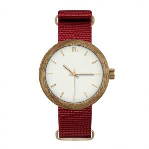 Červeno-biele drevené hodinky s textilným remienkom pre dámy