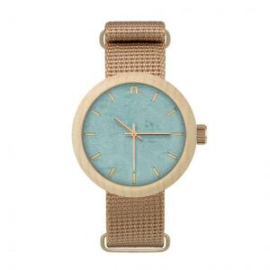 Béžovo-modré drevené hodinky s textilným remienkom pre dámy