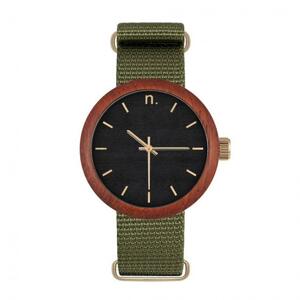 Drevené dámske hodinky zeleno-čiernej farby s textilným remienkom