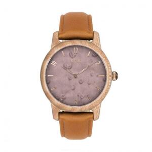 Hnedo-fialové drevené hodinky s koženým remienkom pre dámy