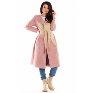 Dámsky dlhý semišový kabát s opaskom v ružovo-béžovej farbe